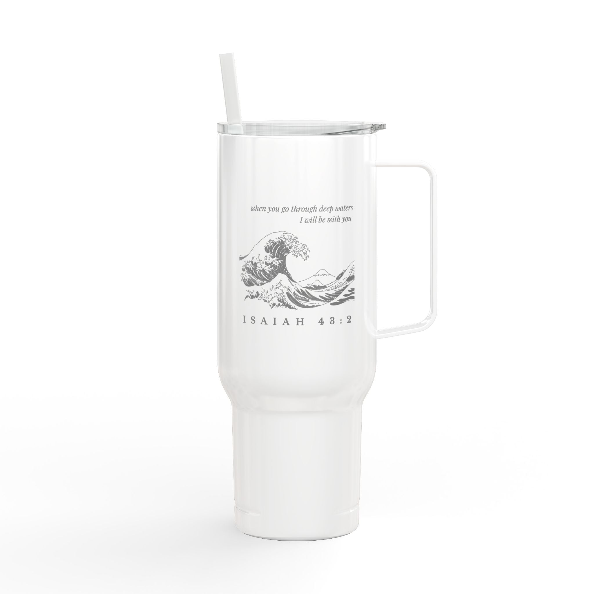 Christian Travel Mug with Handle, Isaiah 43:2 Scripture Tumbler, Coastal Faith Gift, Bible Verse Coffee Cup, Christian Gift for Women