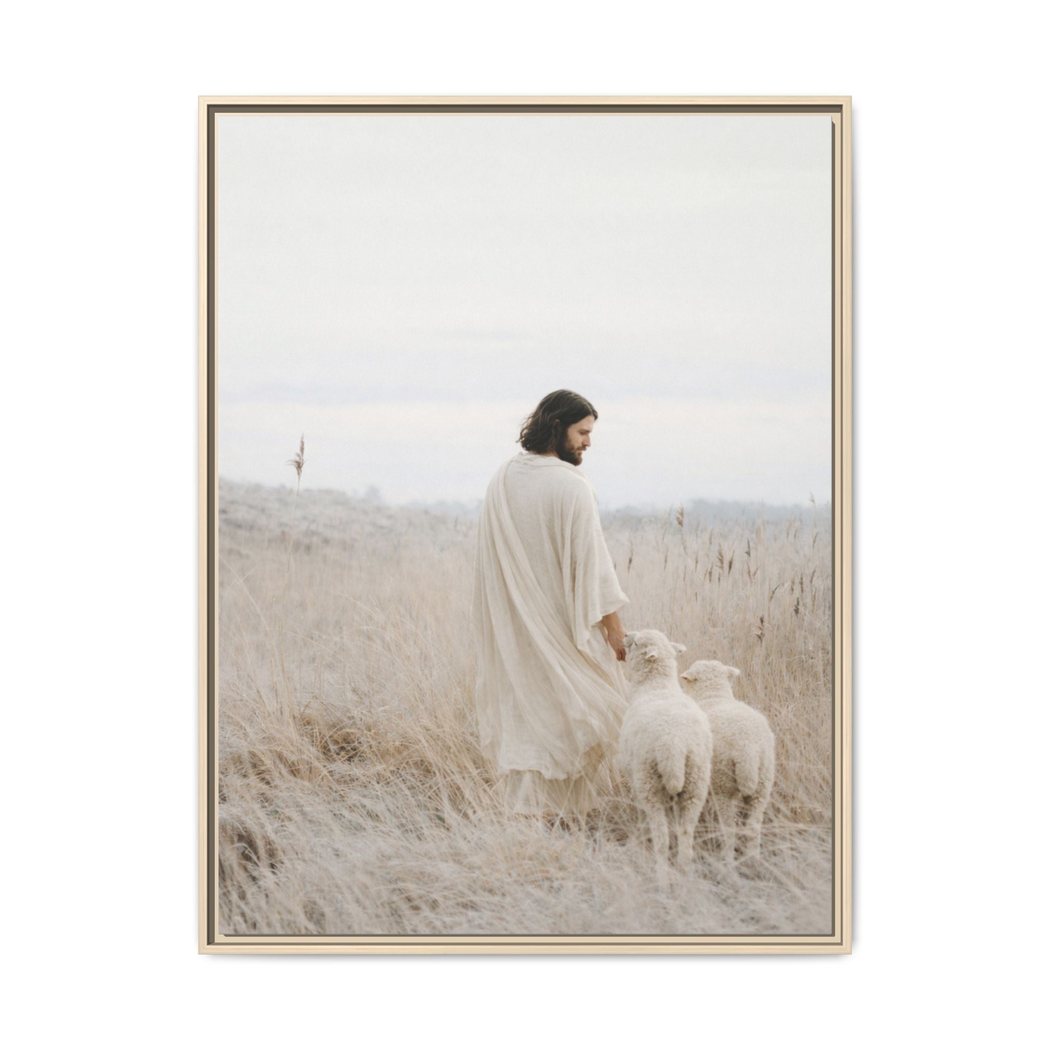 Jesus with Sheep Matte Canvas Framed Wall Art | Pastel Neutral Christian Print