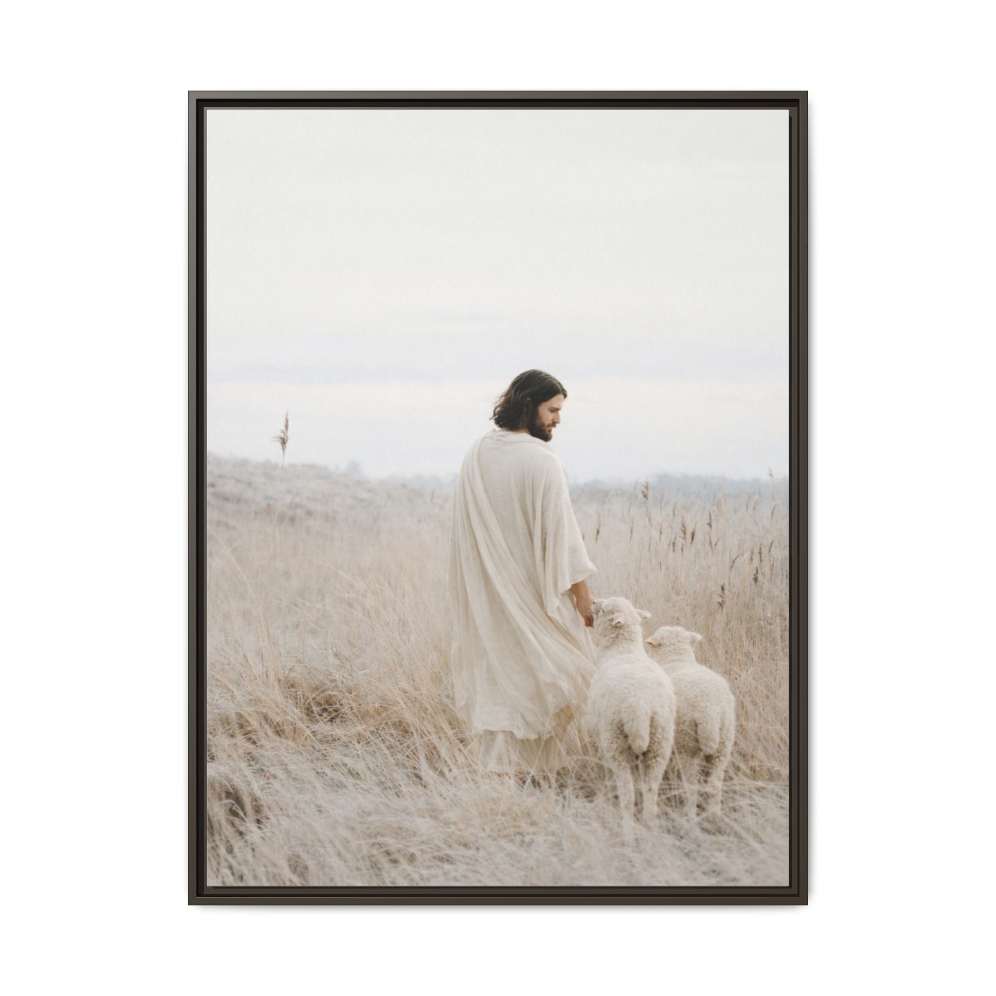Jesus with Sheep Matte Canvas Framed Wall Art | Pastel Neutral Christian Print