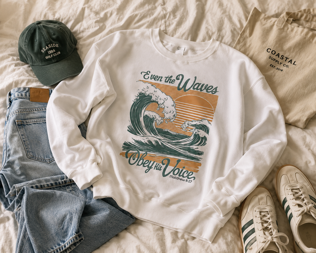 Even The Waves Obey His Voice Crewneck Sweatshirt | Matthew 8:27 Christian Sweatshirt | Faith Based Coastal Graphic Pullover