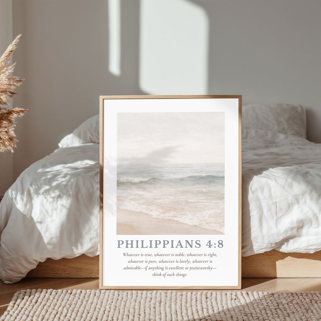 Philippians 4:8 Wall Art, Coastal Bible Verse Print, Neutral Beach Wall Decor, Christian Coastal Art, Scripture Canvas, Modern Faith Decor