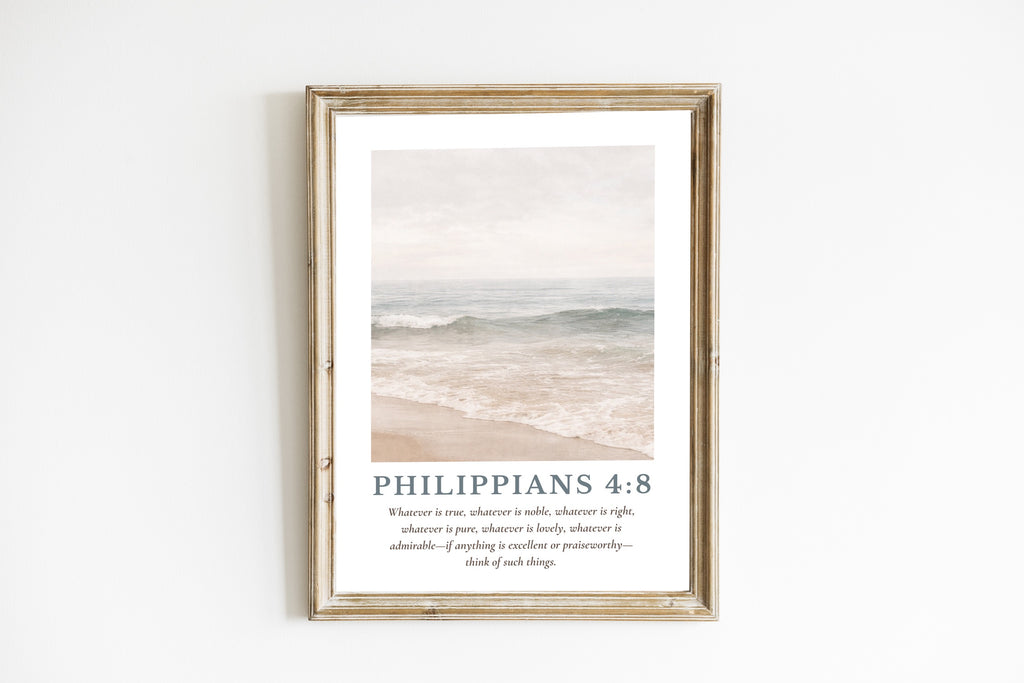 Philippians 4:8 Wall Art, Coastal Bible Verse Print, Neutral Beach Wall Decor, Christian Coastal Art, Scripture Canvas, Modern Faith Decor