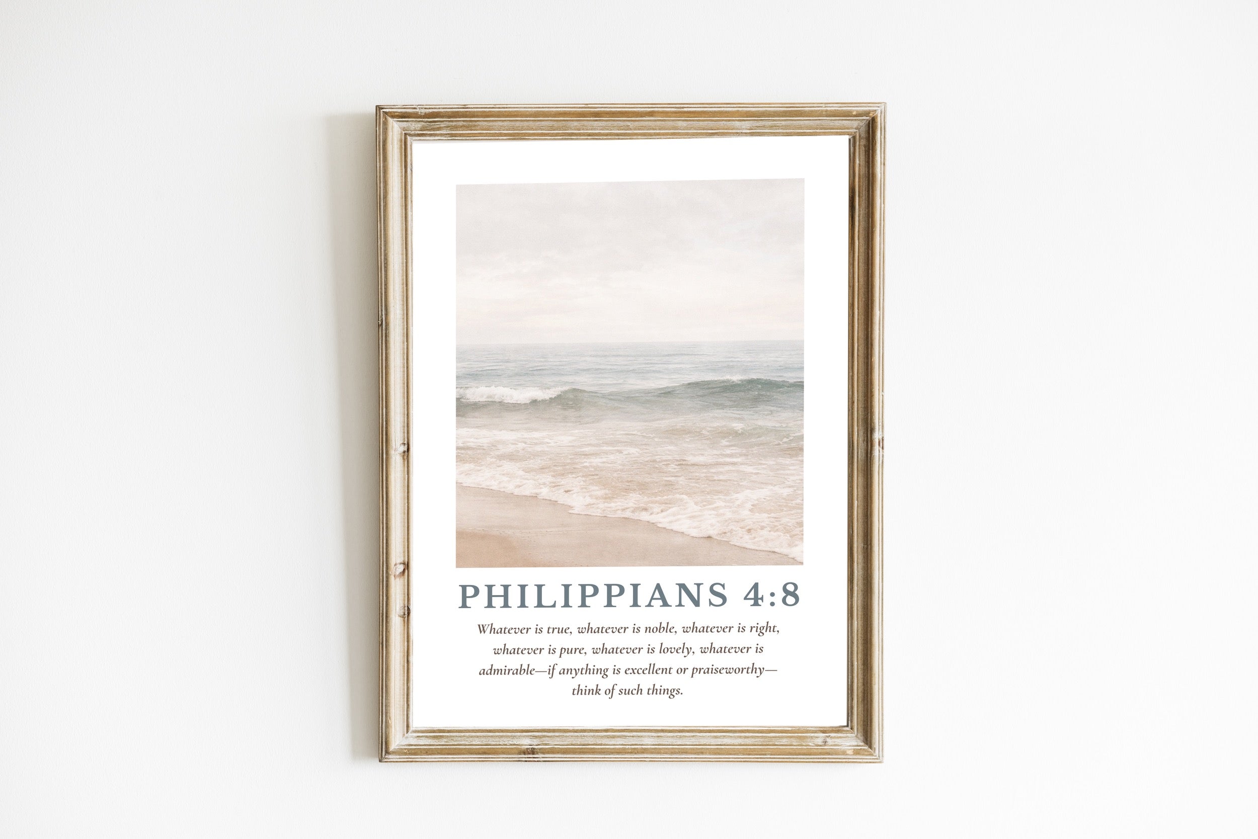 Philippians 4:8 Wall Art, Coastal Bible Verse Print, Neutral Beach Wall Decor, Christian Coastal Art, Scripture Canvas, Modern Faith Decor