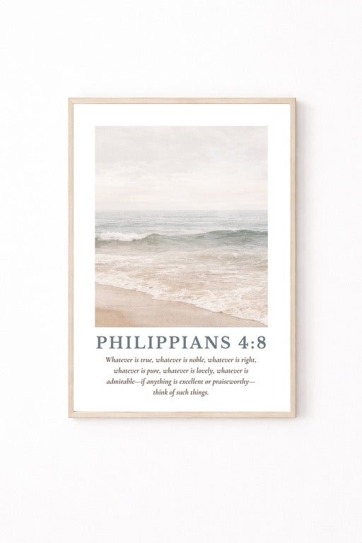 Philippians 4:8 Wall Art, Coastal Bible Verse Print, Neutral Beach Wall Decor, Christian Coastal Art, Scripture Canvas, Modern Faith Decor