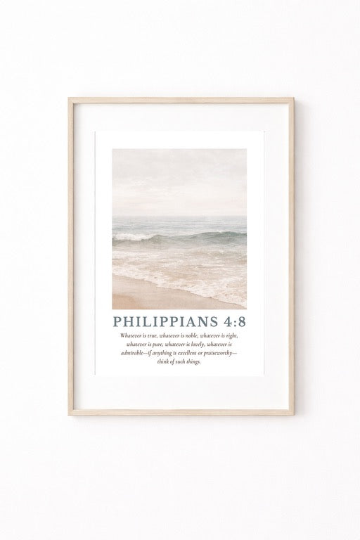 Philippians 4:8 Wall Art, Coastal Bible Verse Print, Neutral Beach Wall Decor, Christian Coastal Art, Scripture Canvas, Modern Faith Decor