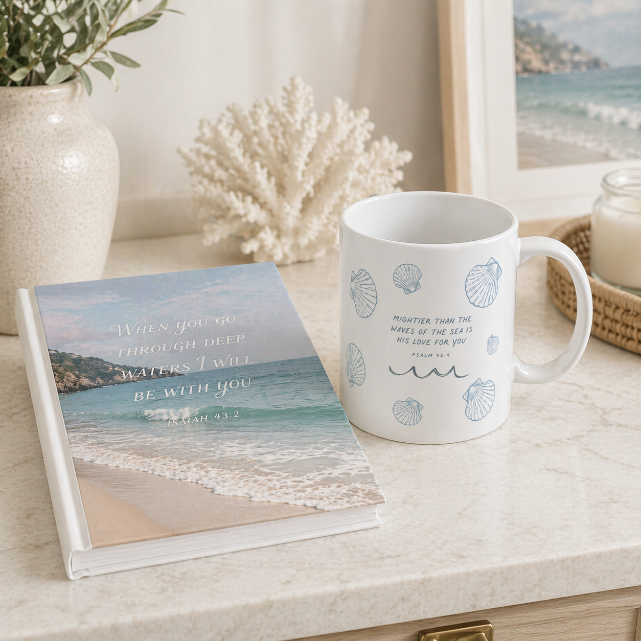 Coastal Christian Coffee Mug | Psalm 93:4 Mug | Beach Bible Verse Mug | Seashell Mug | Faith Gift for Her | Ocean Inspired Mug
