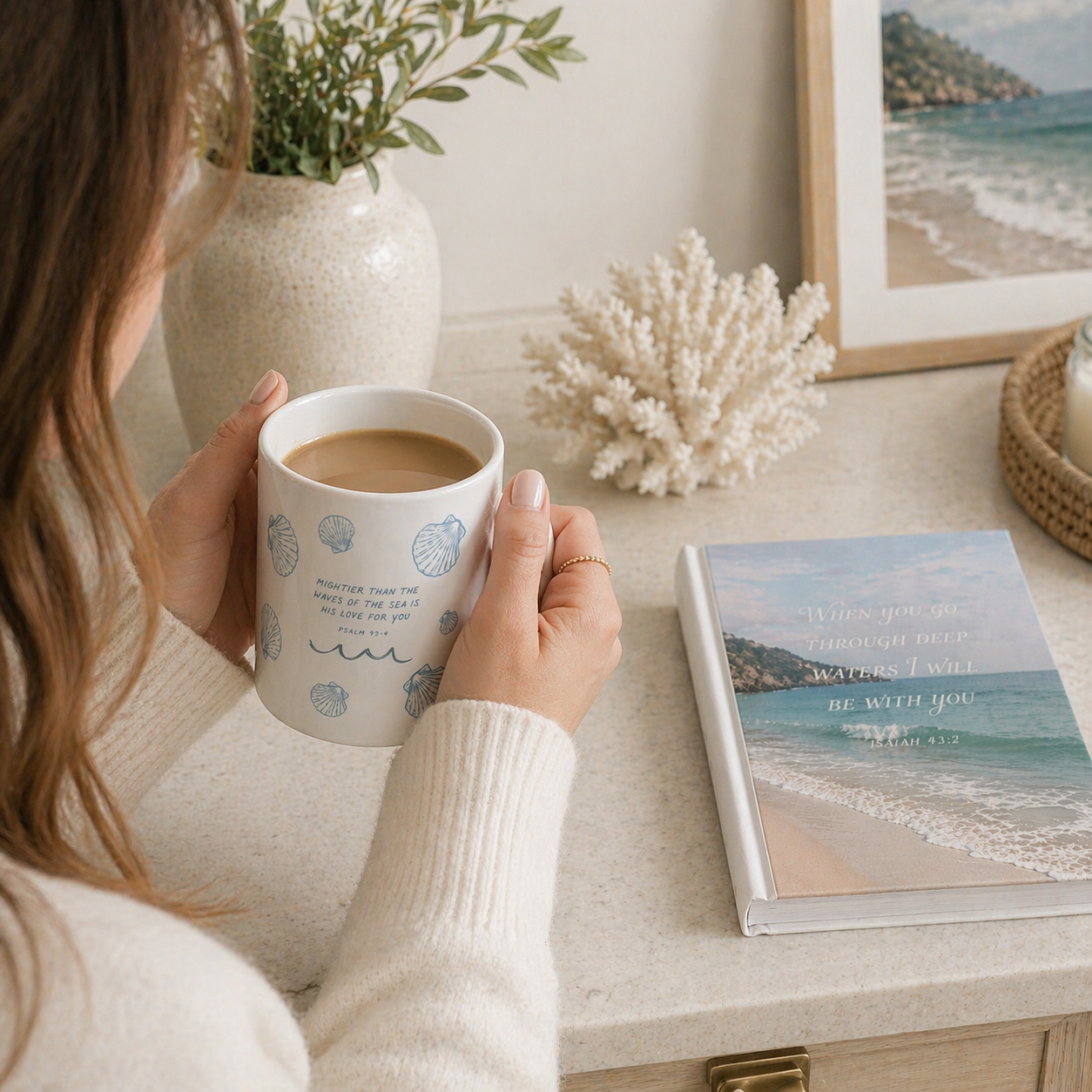 Coastal Christian Coffee Mug | Psalm 93:4 Mug | Beach Bible Verse Mug | Seashell Mug | Faith Gift for Her | Ocean Inspired Mug