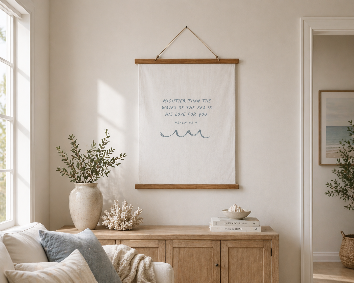 Coastal Christian Wall Hanging | Psalm 93:4 Tapestry | Bible Verse Wall Art | Neutral Coastal Decor | Christian Home Decor | Faith Gift