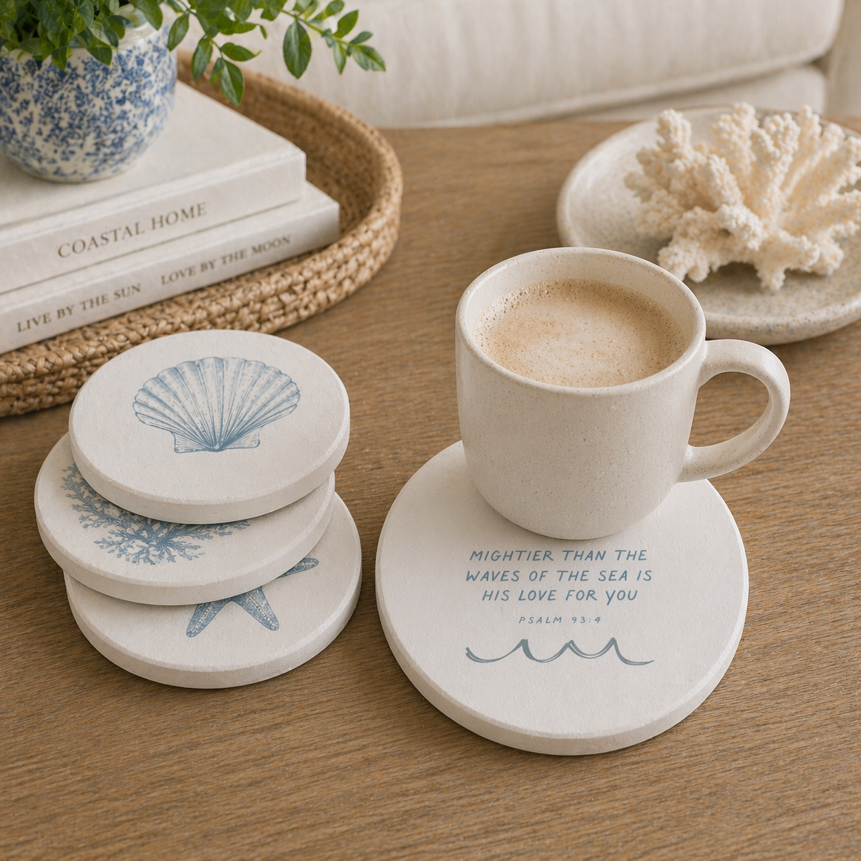 Coastal Christian Coaster | Psalm 93:4 Coaster | Bible Verse Drink Coaster | Neutral Coastal Decor | Christian Gift | Housewarming Gift