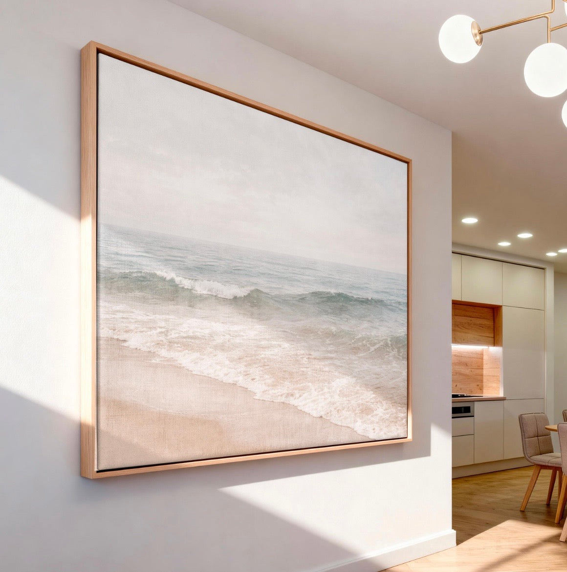 Beach Waves Seascape Painting Canvas Framed | Coastal Wall Art | Beachy Wall Art | Neutral Coastal Painting