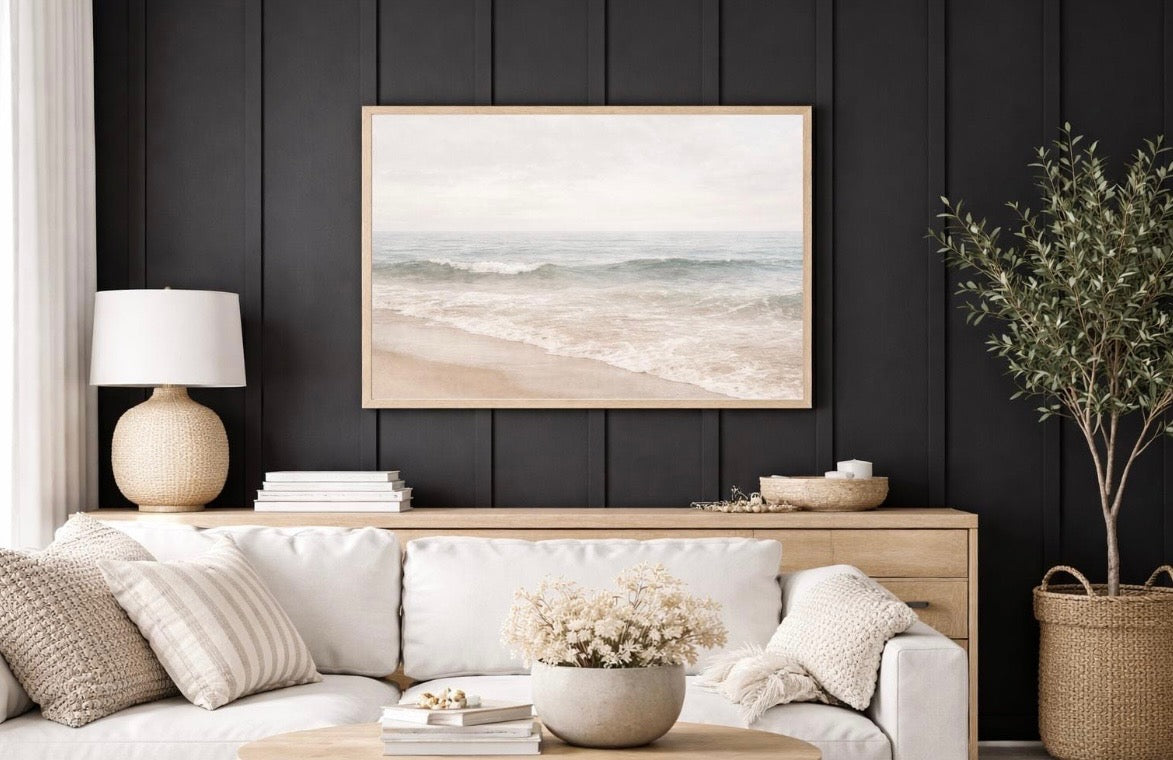 Beach Waves Seascape Painting Canvas Framed | Coastal Wall Art | Beachy Wall Art | Neutral Coastal Painting