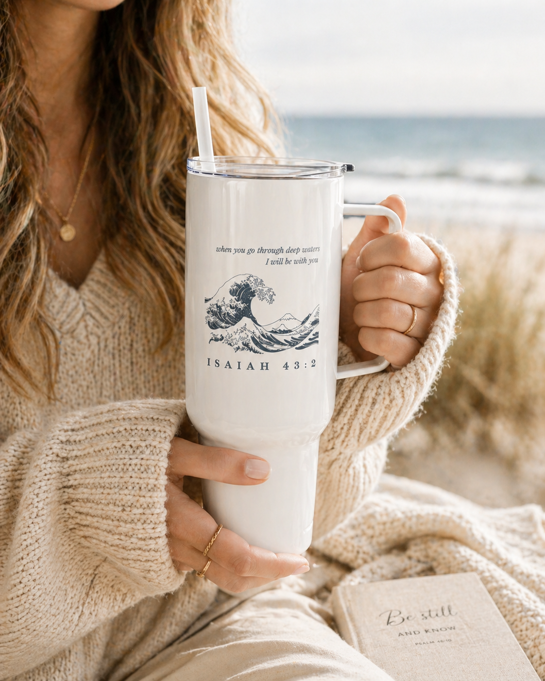 Christian Travel Mug with Handle, Isaiah 43:2 Scripture Tumbler, Coastal Faith Gift, Bible Verse Coffee Cup, Christian Gift for Women