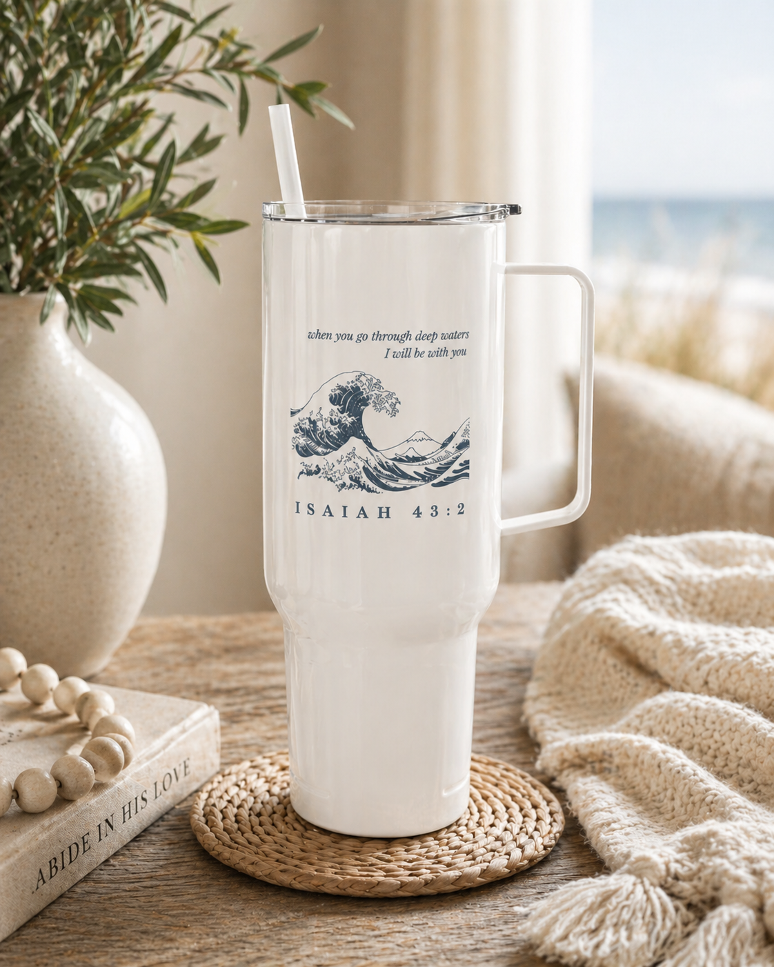 Christian Travel Mug with Handle, Isaiah 43:2 Scripture Tumbler, Coastal Faith Gift, Bible Verse Coffee Cup, Christian Gift for Women