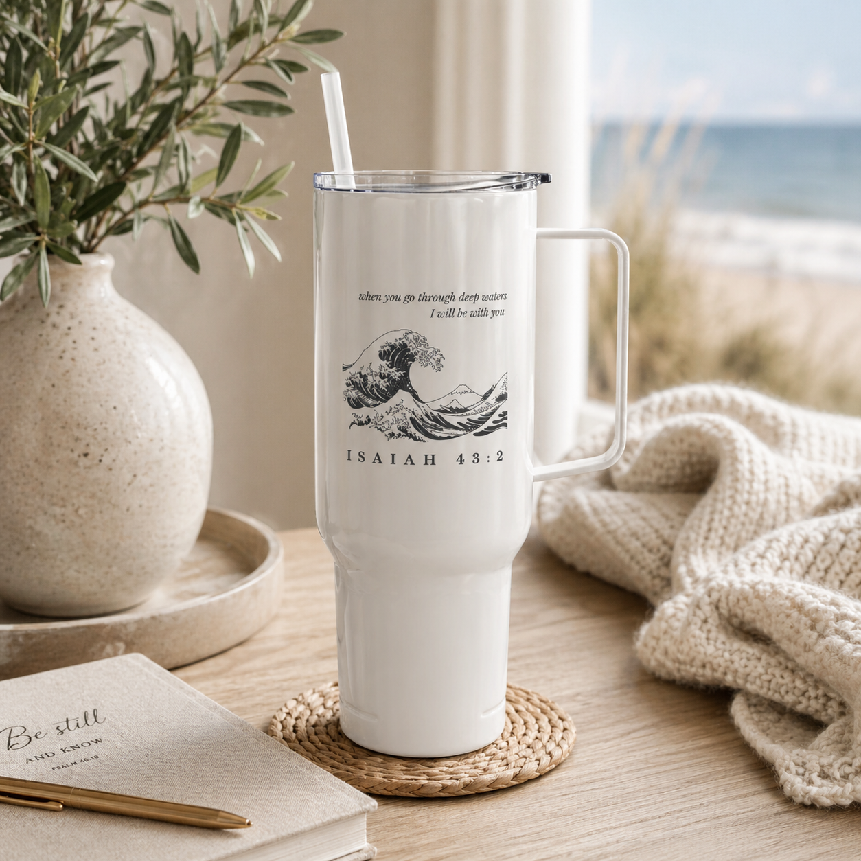 Christian Travel Mug with Handle, Isaiah 43:2 Scripture Tumbler, Coastal Faith Gift, Bible Verse Coffee Cup, Christian Gift for Women