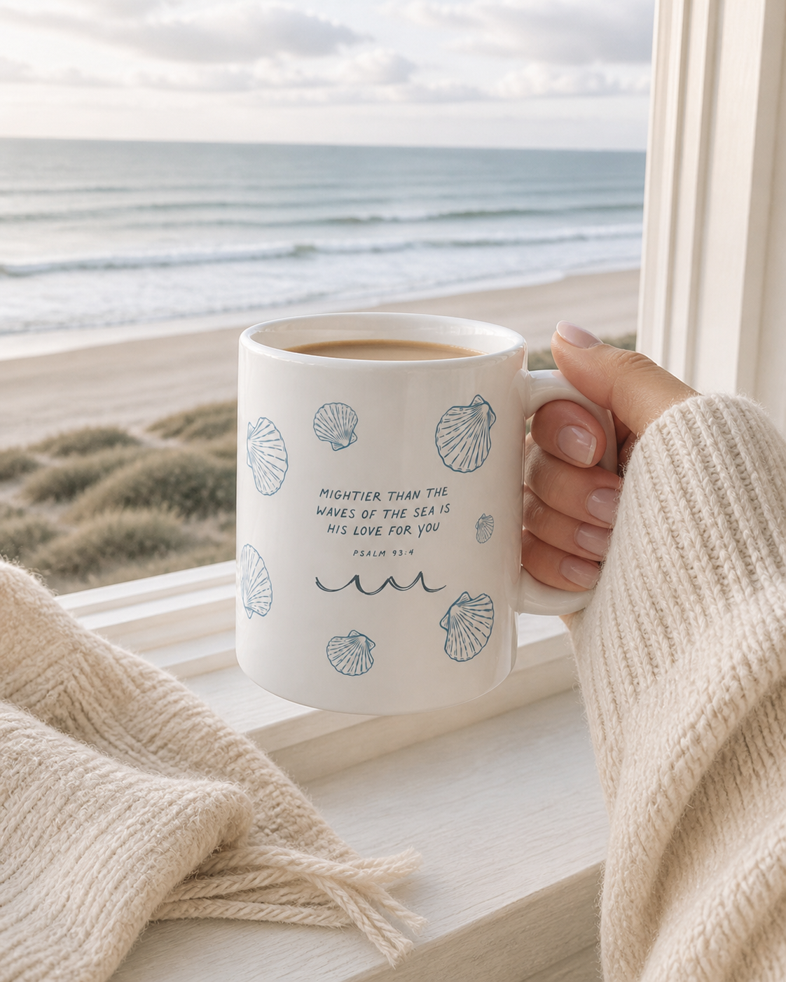 Coastal Christian Coffee Mug | Psalm 93:4 Mug | Beach Bible Verse Mug | Seashell Mug | Faith Gift for Her | Ocean Inspired Mug