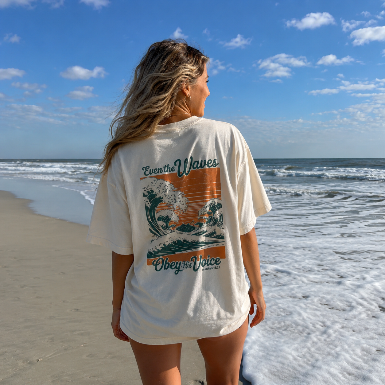 Even the Waves Obey His Voice Vintage Surf Graphic Tee