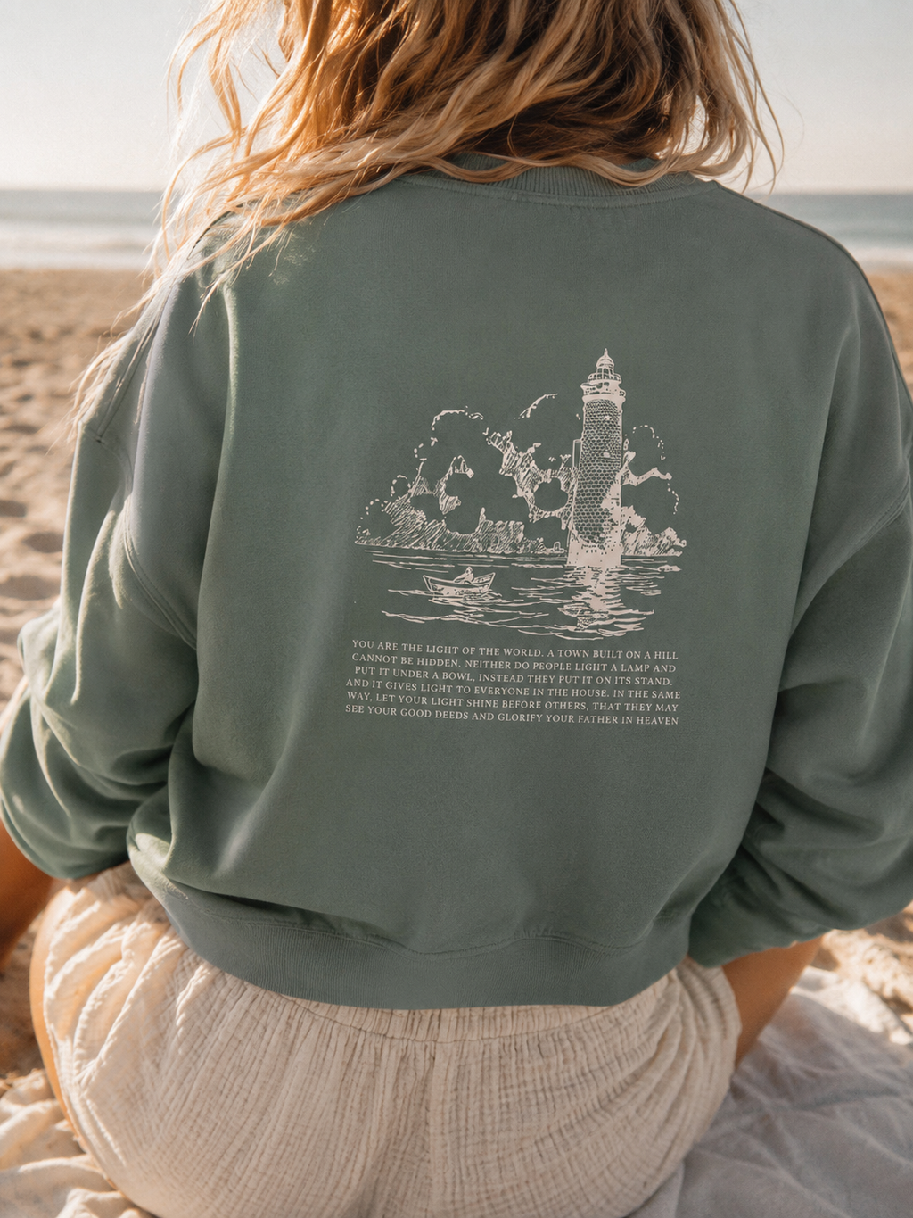 be the light lighthouse coastal crewneck