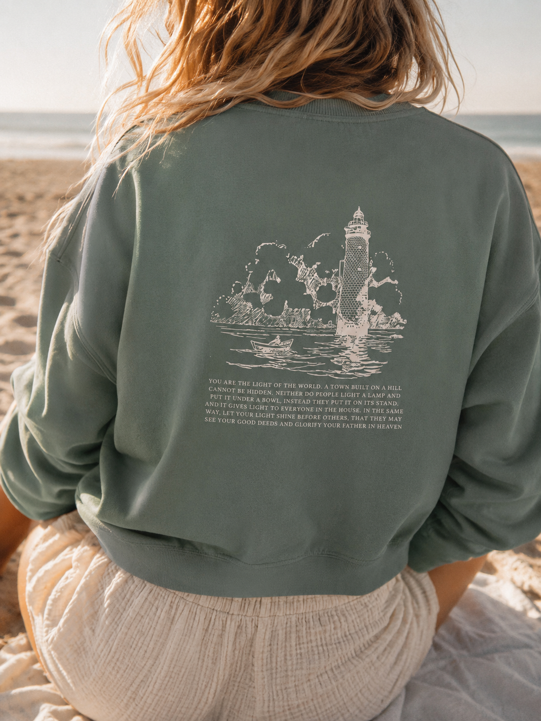 be the light lighthouse coastal crewneck