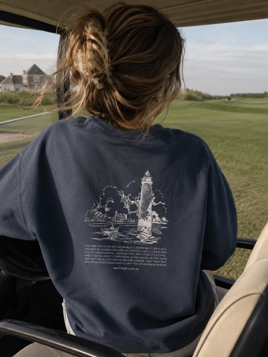 be the light lighthouse coastal crewneck