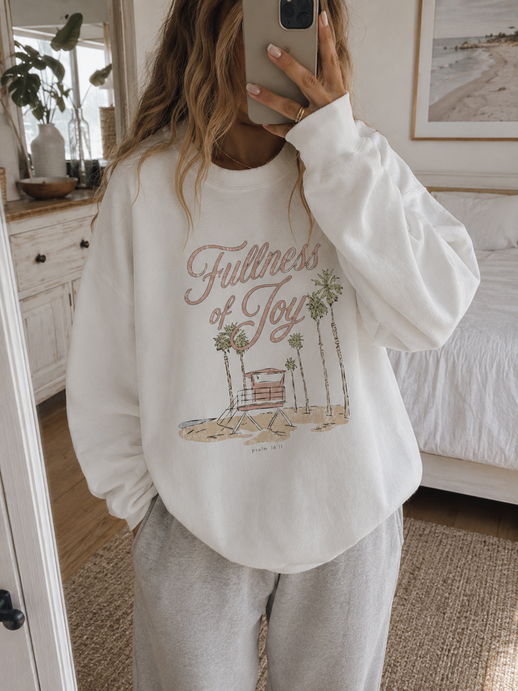 fullness of joy palm tree lifeguard tower crewneck