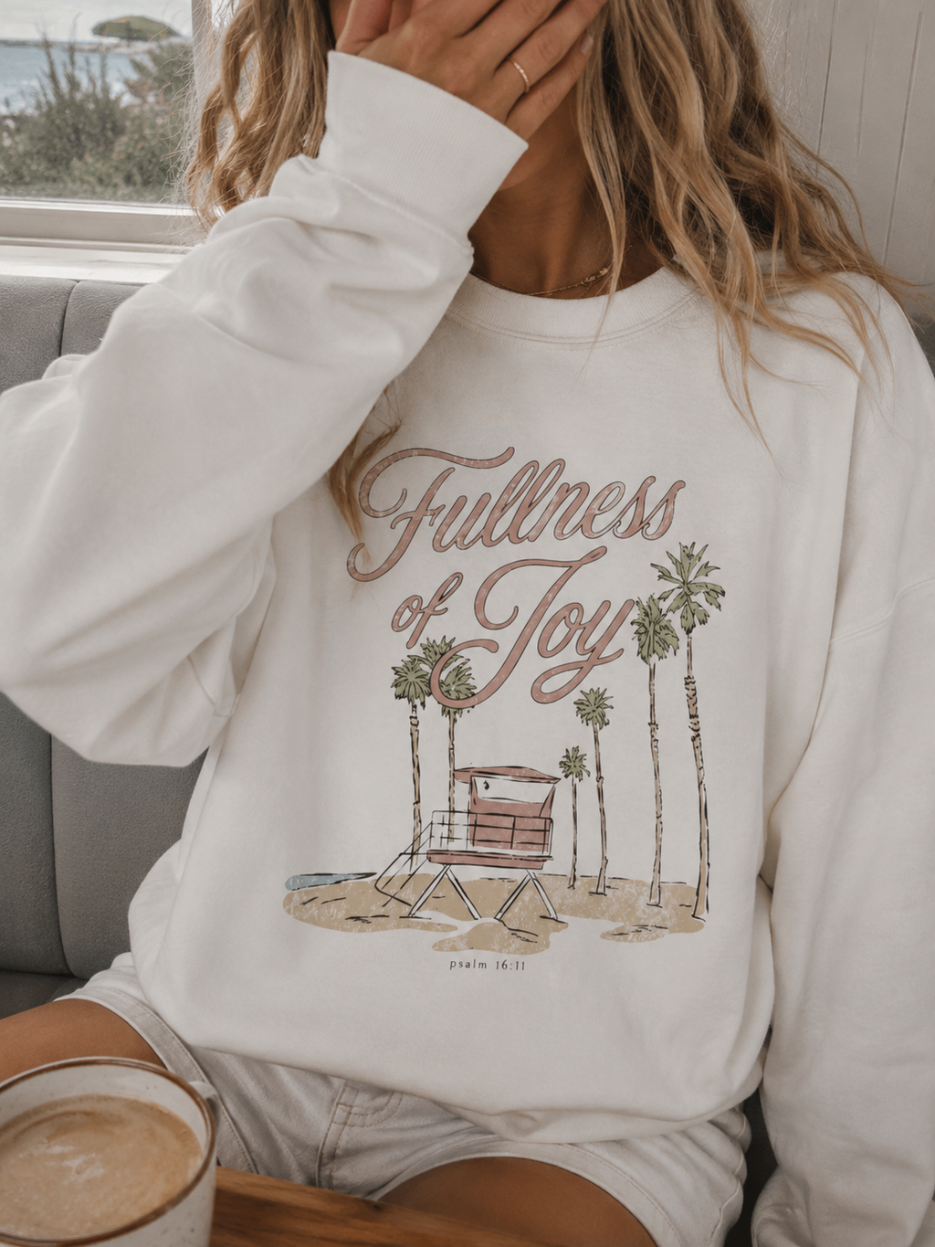 fullness of joy palm tree lifeguard tower crewneck