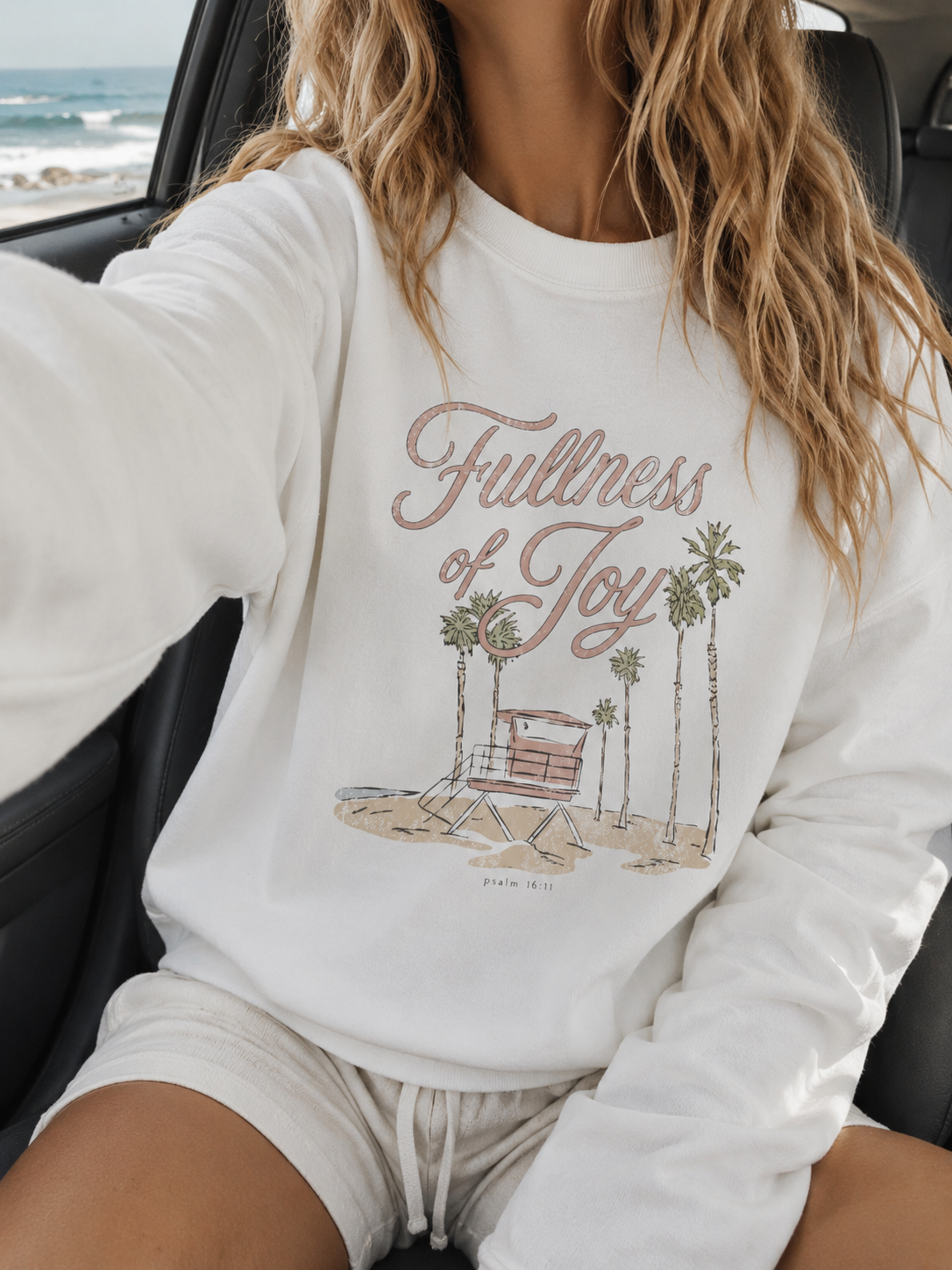 fullness of joy palm tree lifeguard tower crewneck