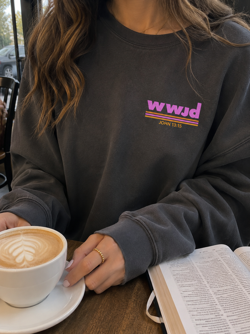 wwjd retro pink stripe crewneck