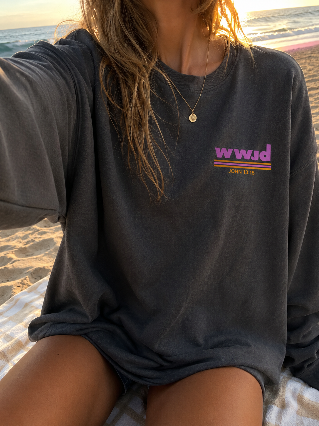 wwjd retro pink stripe crewneck