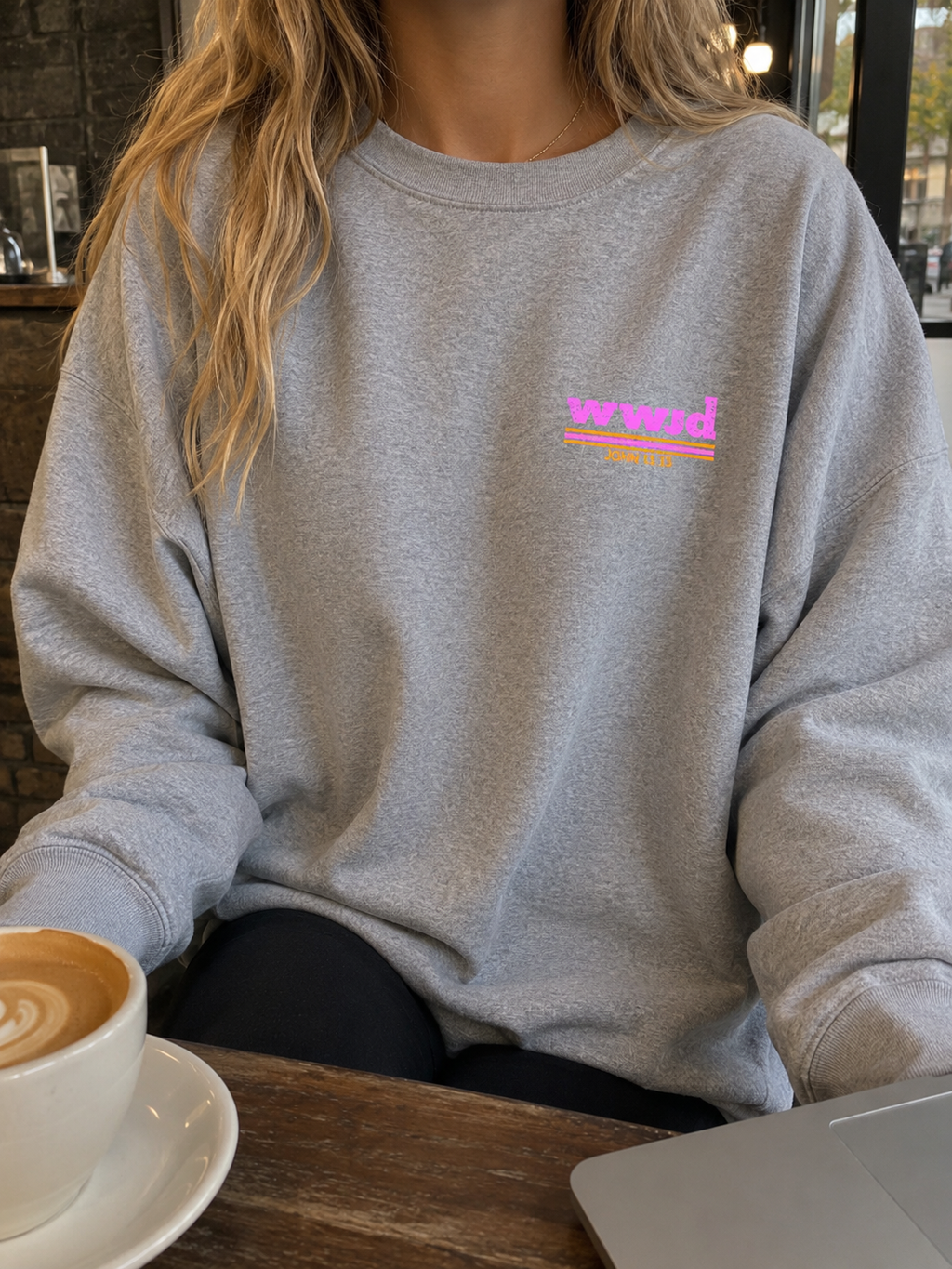 wwjd retro pink stripe crewneck