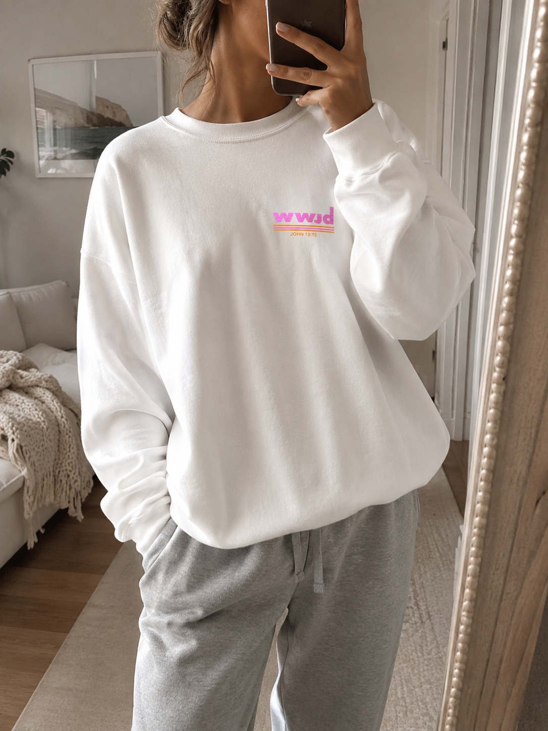 wwjd retro pink stripe crewneck