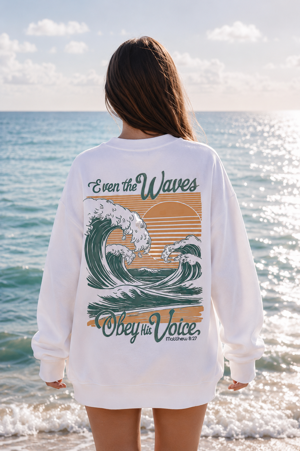 Even The Waves Obey His Voice Crewneck Sweatshirt | Matthew 8:27 Christian Sweatshirt | Faith Based Coastal Graphic Pullover