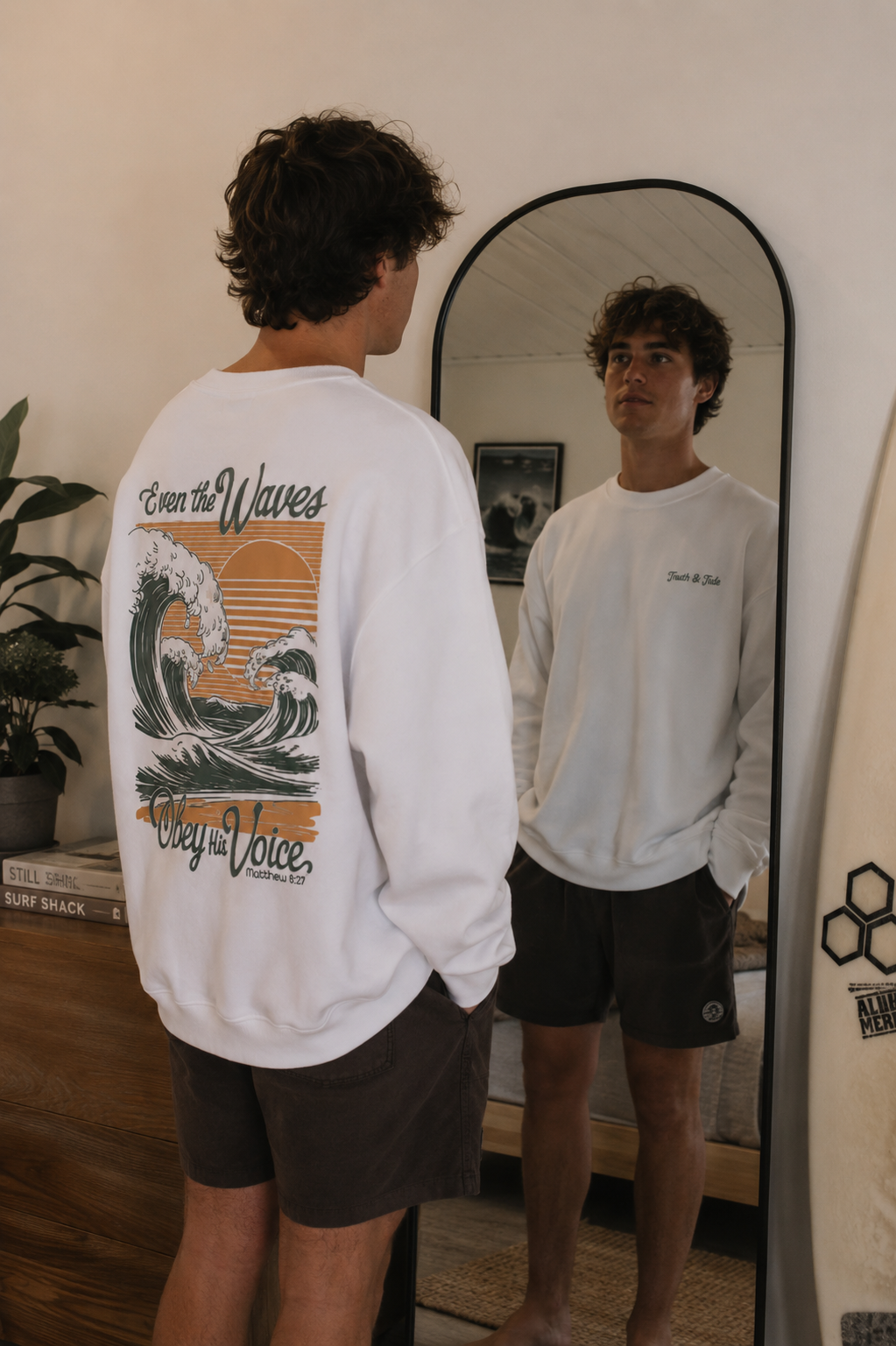Even The Waves Obey His Voice Crewneck Sweatshirt | Matthew 8:27 Christian Sweatshirt | Faith Based Coastal Graphic Pullover