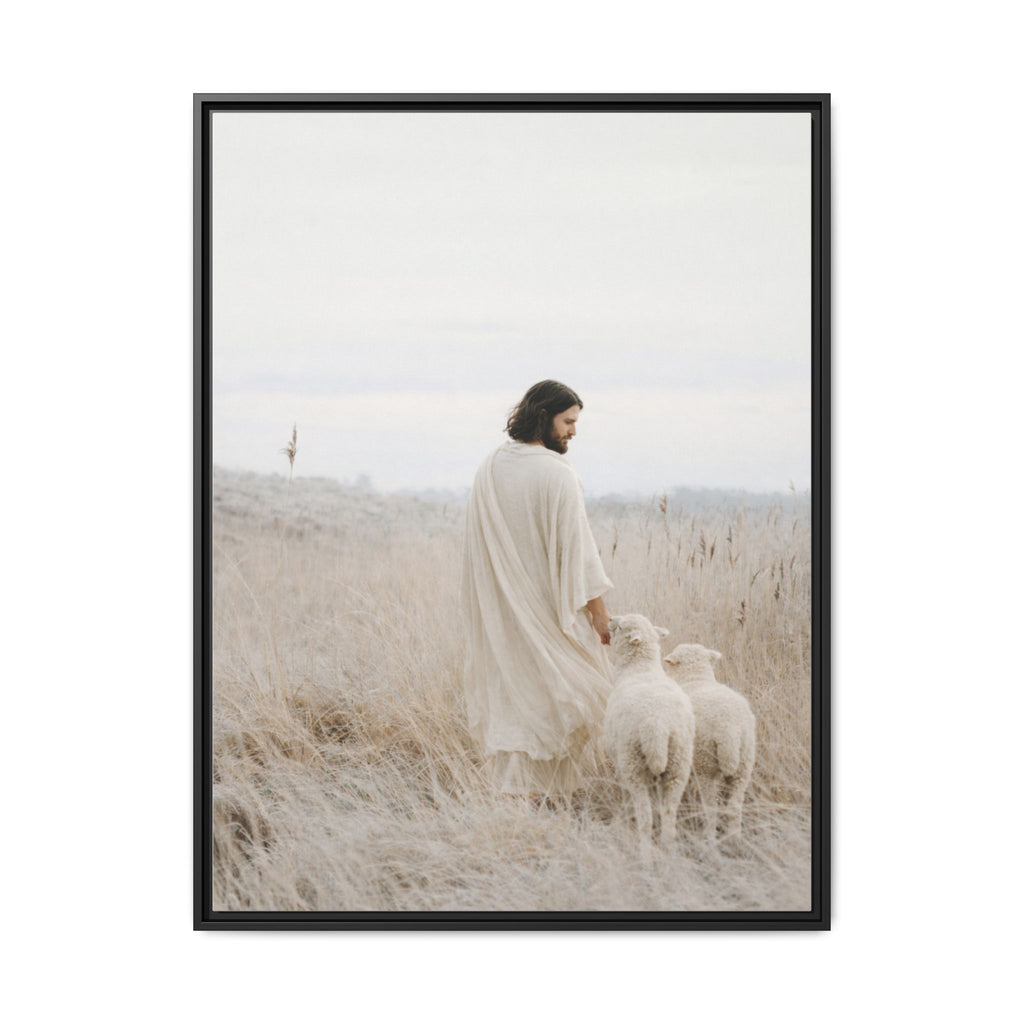 Jesus with Sheep Matte Canvas Framed Wall Art | Pastel Neutral Christian Print