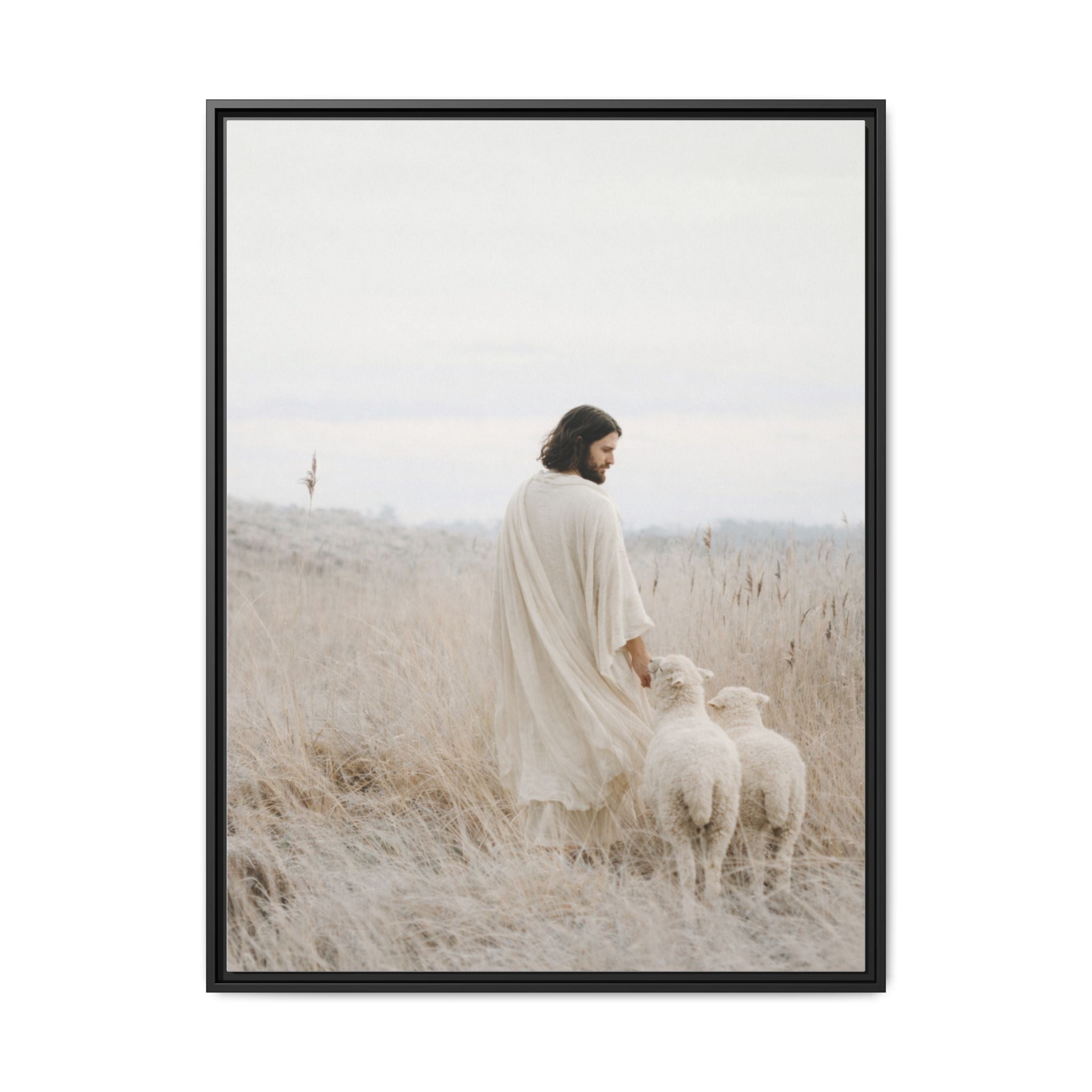 Jesus with Sheep Matte Canvas Framed Wall Art | Pastel Neutral Christian Print