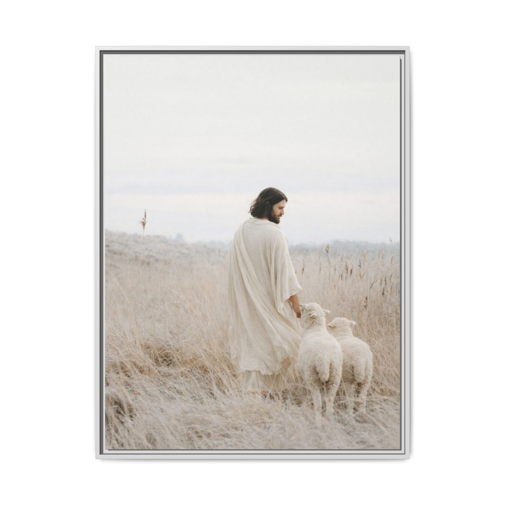 Jesus with Sheep Matte Canvas Framed Wall Art | Pastel Neutral Christian Print