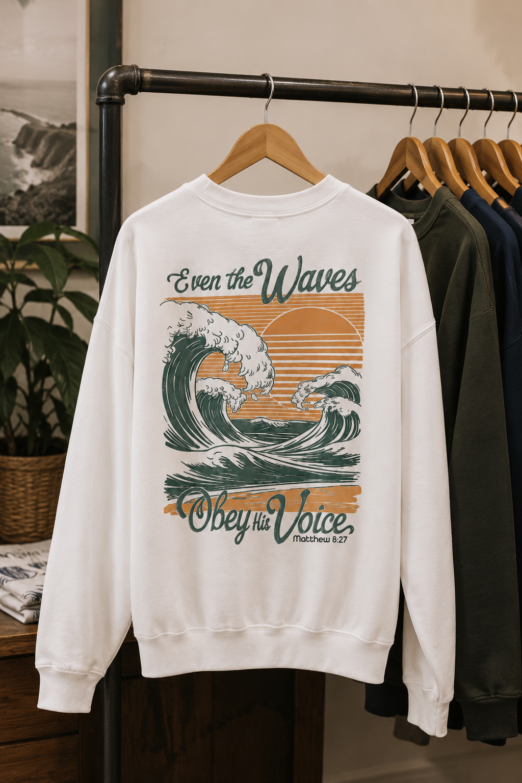 Even The Waves Obey His Voice Crewneck Sweatshirt | Matthew 8:27 Christian Sweatshirt | Faith Based Coastal Graphic Pullover